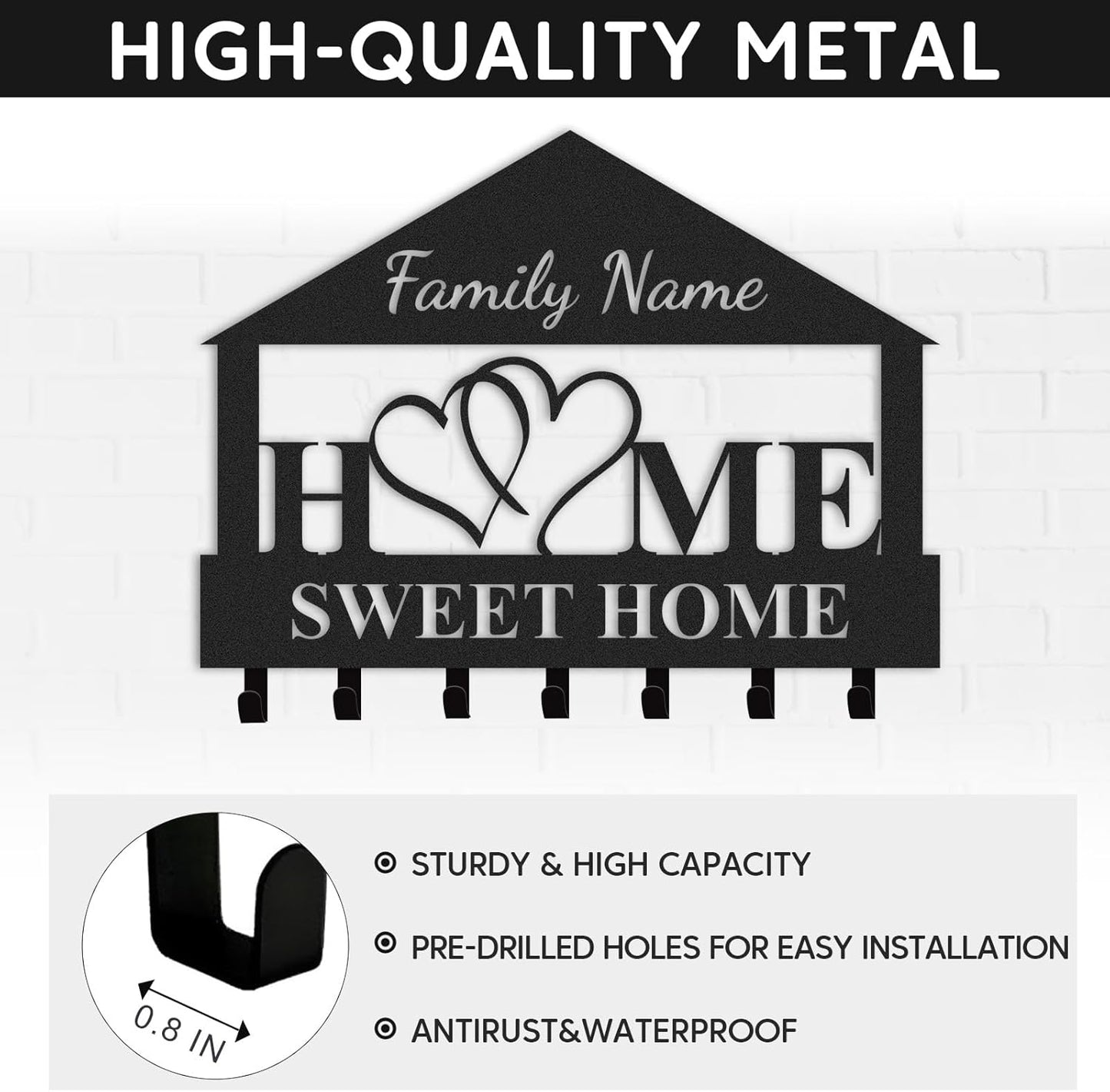 Personalized Key Holder for Wall, Key Holder Wall Mount, Custom Name Coat Rack, Sweet Home Key Hooks Wall Decorative for Bedroom Kitchen Entryway Hallway Front Door, Housewarming Gifts