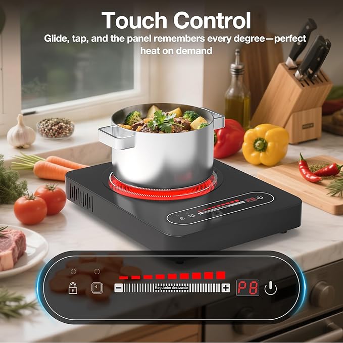 1800W Electric Cooktop, 11 Inch Portable Single Burner with Timer & Child Lock - 110-120V Compact Countertop Stove for Everyday Cooking in Kitchen, Dorm, RV or Office