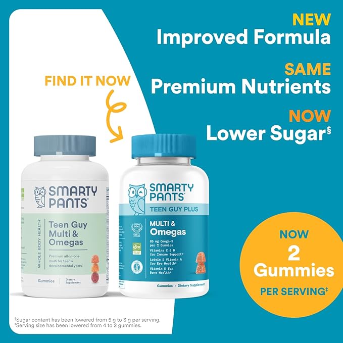 SmartyPants Teen Guy Formula, Daily Multivitamin Gummies: Vitamins C, B12, K, Zinc, & Biotin for Immune Support, Energy, Skin & Hair Support, Assorted Fruit Flavor, 120 Gummies (30 Day Supply)