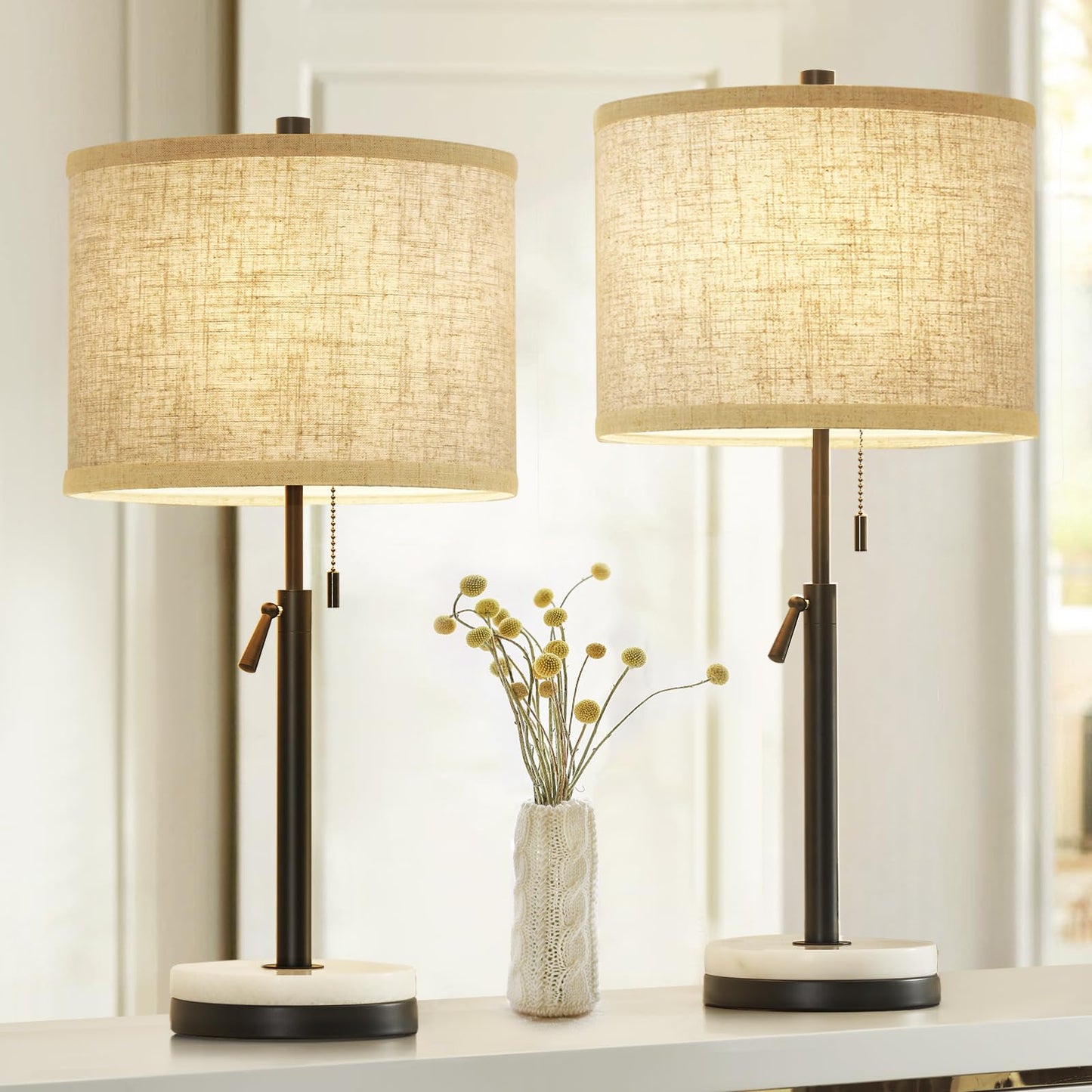 Gyrovu Set Of 2 Adjustable Height Black Marble Table Lamps With Pull Chain For Living Room, Bedroom, Office - Bulbs Not Included