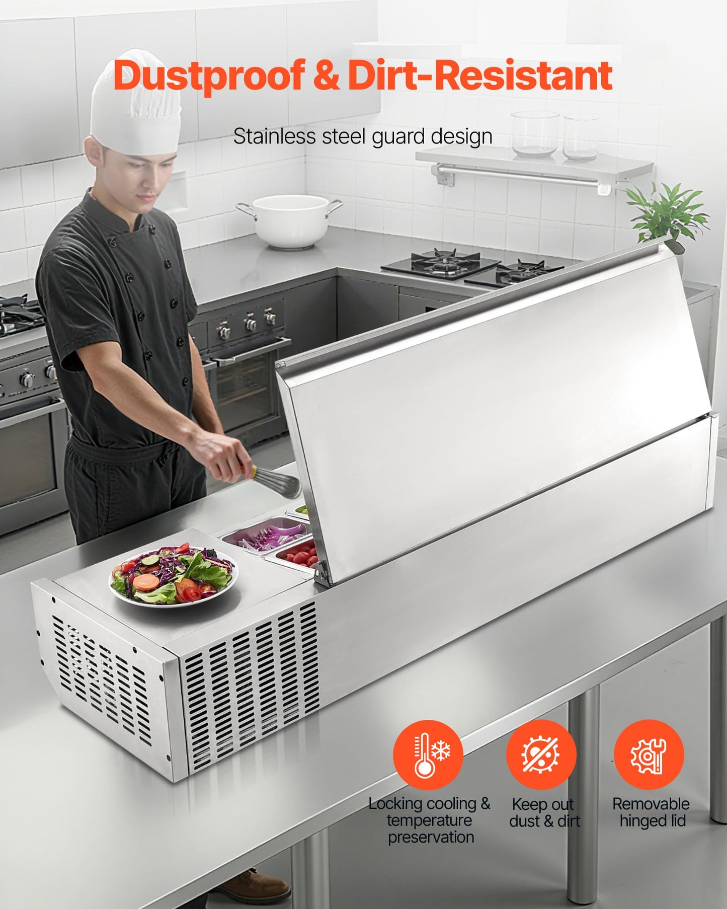 VEVOR Refrigerated Condiment Prep Station, 130 W Countertop Refrigerated Condiment Station, with Four 1/3 Pans & Four 1/6 Pans, 304 Stainless Body and PC Lid, Sandwich Prep Table with Stainless Guard