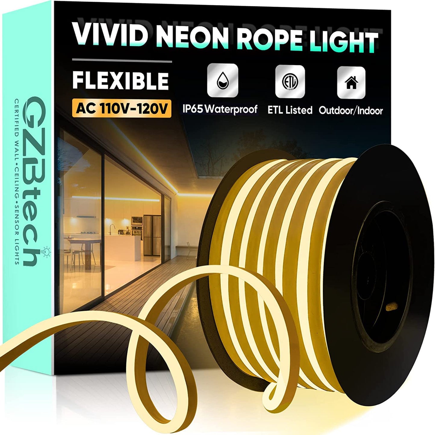 Gzbtech Flexible Led Neon Rope Lights 33Ft Ac 110-120V Waterproof Strip Light  120 Leds/M Cuttable Connectable Neon Lighting For Indoor Outdoor Home Decor/Commercial Building Use-Warm White 10M