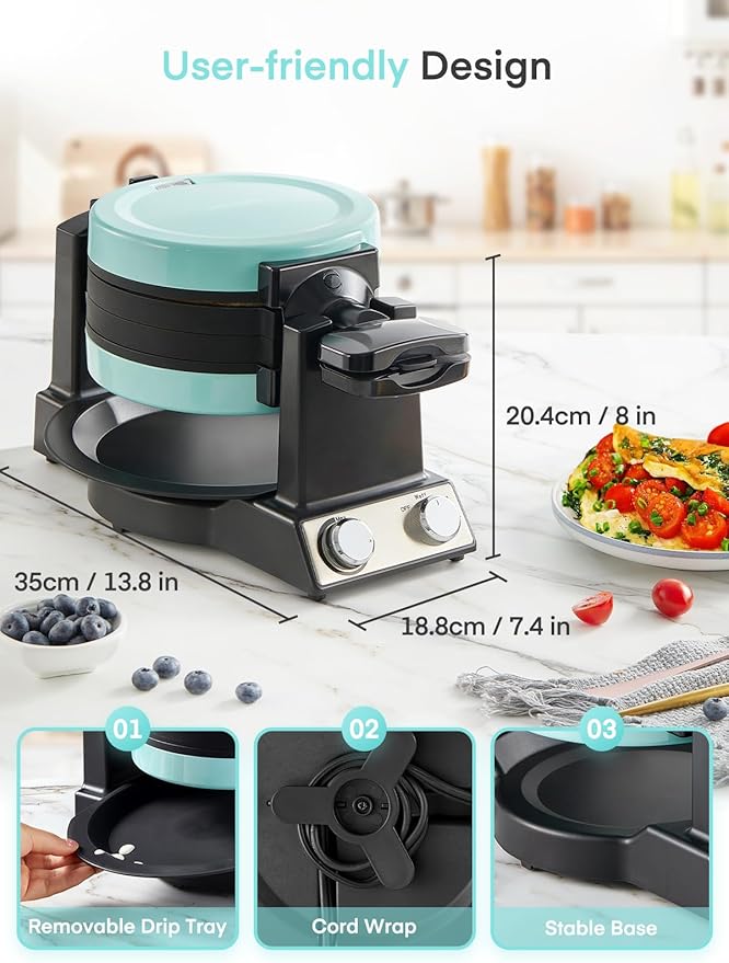 FOHERE 2-in-1 Waffle Maker & Omelette Maker, 1400W Double Belgian Waffle Iron 180° Flip, Adjustable Browning Control, Rotating & Nonstick Pans, Removable Drip Tray, Cool Touch Handle (Mint Green)