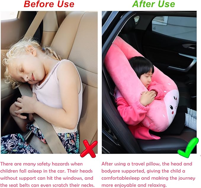 Kids Travel Pillow for Car Seat with Hand Muff, Cartoon Neck & Headrest Seat Belt Pillow for Car Road Trips Long-Distance Travel Sleeping Pillow for Adults and Children, Purple Unicorn