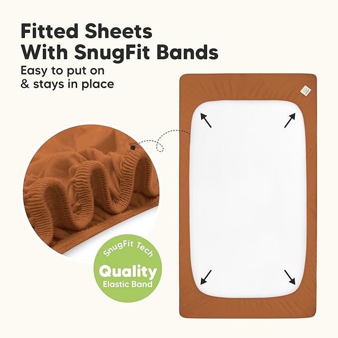 2-Pack Waterproof Baby Crib Sheets for Boys, Girls - 52x28 Viscose Derived from Bamboo Toddler Bed Sheet Neutral, Fitted Crib Mattress Protector Cover for Baby Bedding, Soft & Gentle (Rust)