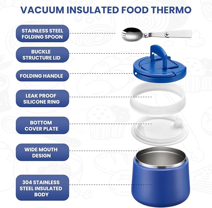 Kids Thermo for Hot Food, 14oz Insulated Soup Jar, Stainless Steel Lunch Box with Leakproof Lid & Spoon, Vacuum Insulated Bento Container (Light Blue)