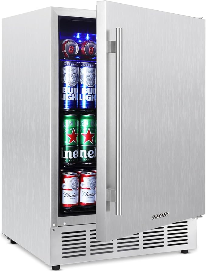 Outdoor 24 Inch Beverage Refrigerator, 180 Can Built-in or Freestanding Beverage Cooler, Stainless Steel Door, Waterproof and Fast Cooling & Low Noise - Home and Patio Use