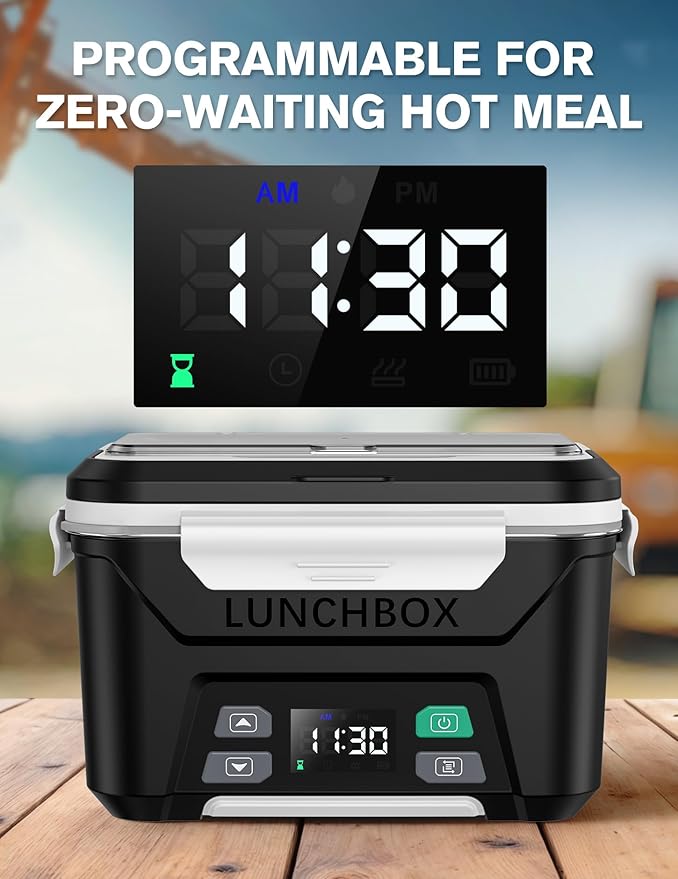EAST OAK Heated Lunch Box Battery Powered with Automatic Heating, Cordless Heatable Lunchbox for Adults, 1.3L Portable Food Warmer with Insulated Carry Bag