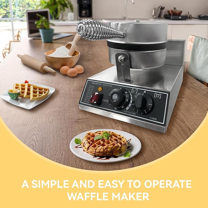Commercial Waffle Maker, 1200W Stainless Steel Round Waffle Irons with Adjustable Temperature and Time Control, Non-Stick Design, Perfect for Home Kitchen, Restaurant, Bakeries