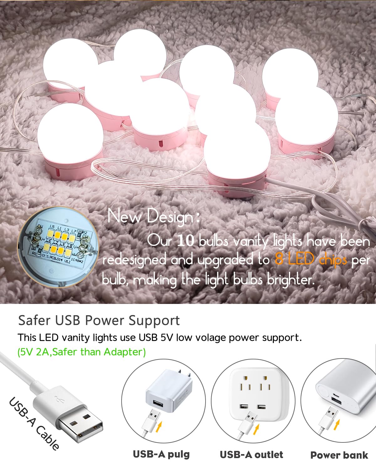 HELOIE Led Vanity Mirror Lights, 10 Dimmable Bulbs, Adjustable Color & Brightness, Pink, Model vl-10p