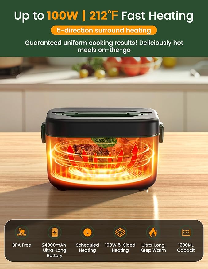 Cordless Electric Lunch Box, 1.2L Battery Powered Heated Lunch Box – 100W, 24000mAh Rechargeable Portable Self-Heating Food Warmer with 5-Sided Automatic Heating for Outdoors, Truck, Office, BPA-Free