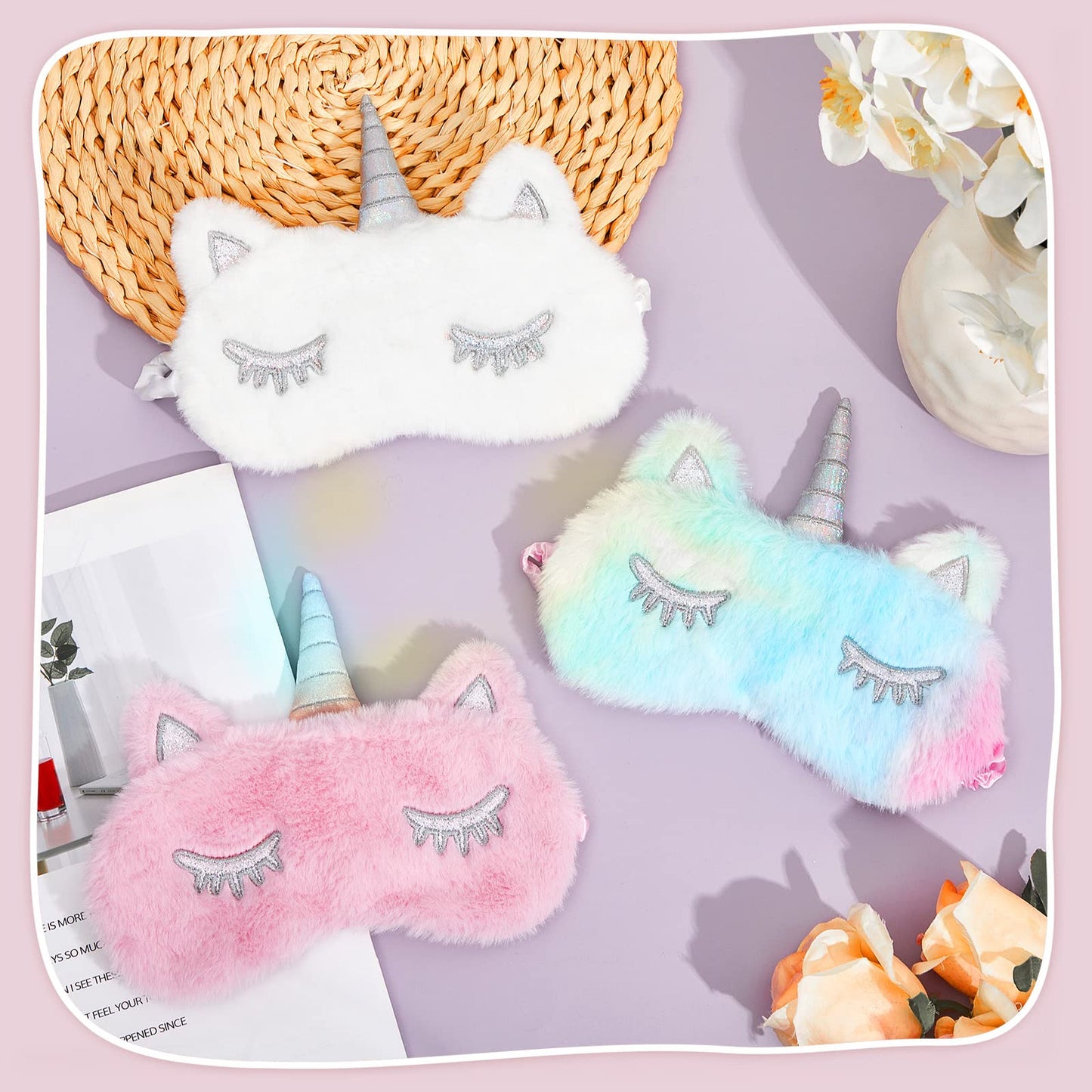 3 Pieces Sleep Mask for Kids, Girls Plush Sleeping Eye Cover Soft Eye Blindfold Cover Animal Shade for Kids(Mixed Colors, Pink, White,Cute Style)