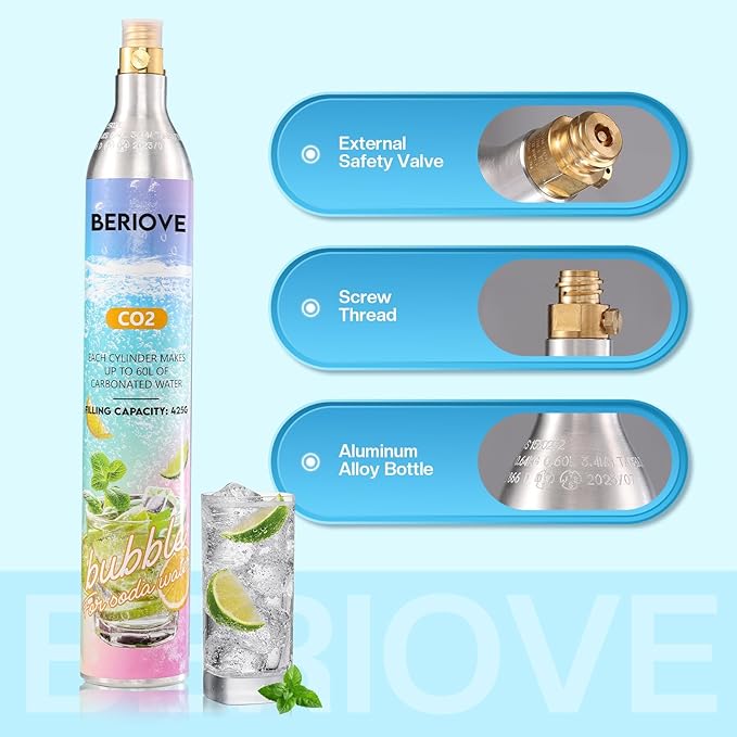 CO2 Cylinder for Soda Maker - 60L Durable CO2 Cartridges for Screw-In Soda Makers Compatible, Exchange Carbonator & Sparkling Water - Carbonates Any Drink with Threaded Cylinders (2PCS)
