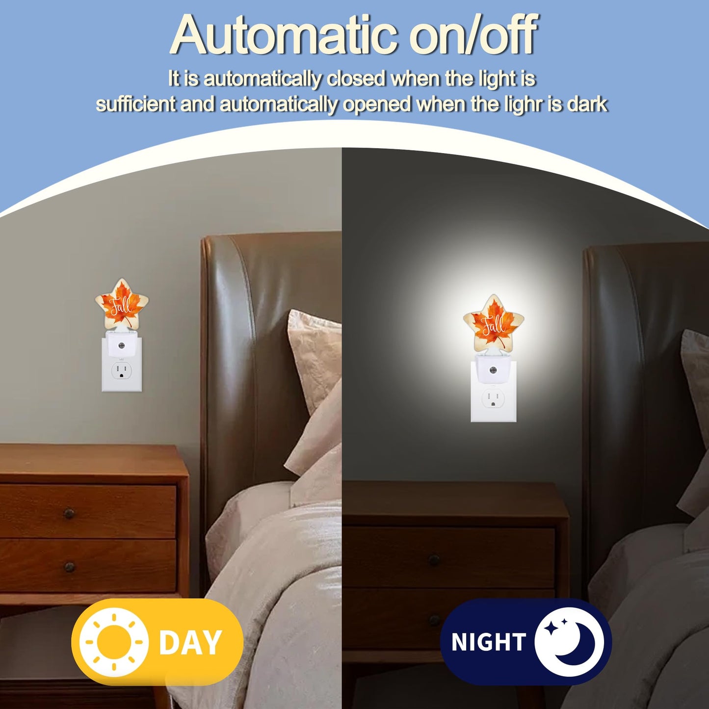 Night Light Fall Maple Leaf Plug Into Wall With Dusk To Dawn Light Sensors Thanksgiving Day Warm Star Nightlights For Bedroom Bathroom Hallway Kitchen Home Decor Desk Lamp