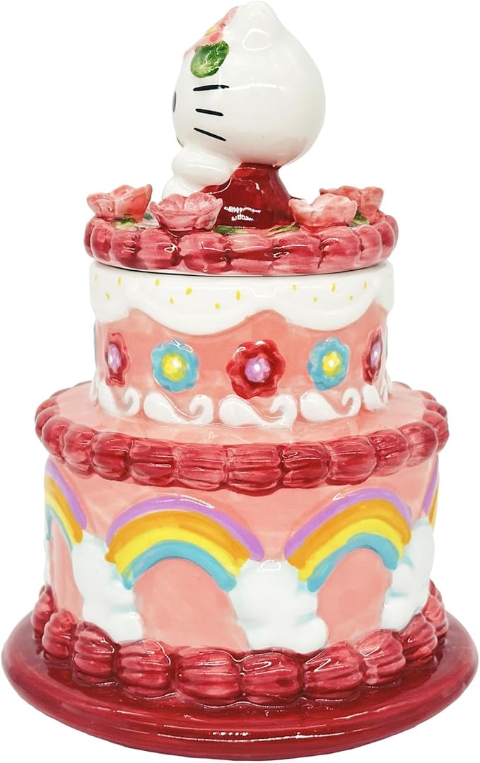 Blue Sky Clayworks Hello Kitty Cake Cookie Jar, Ceramic, 6.75" L x 6.75" W x 9.25" H, Rainbow Layer Treat Keeper