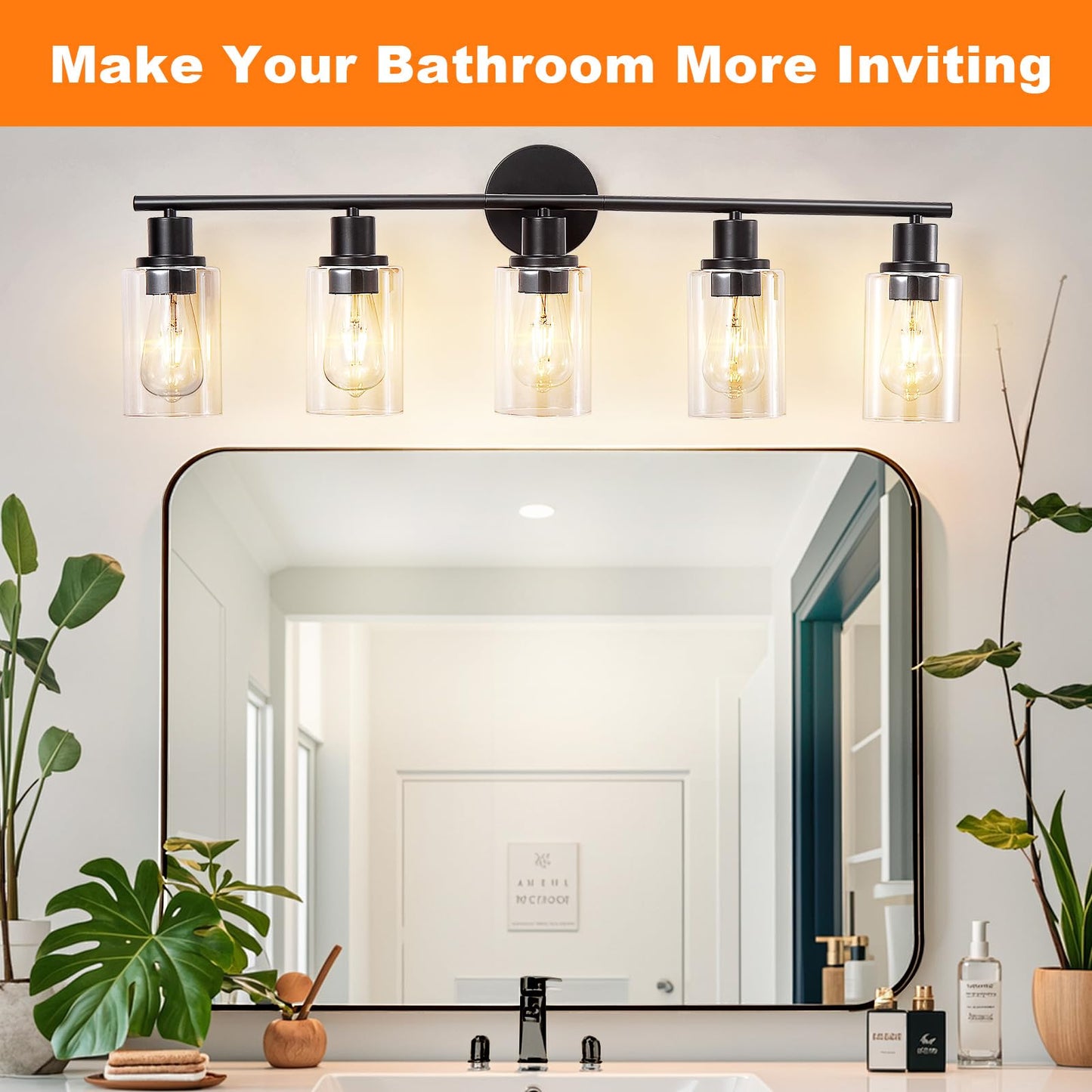 DINGLILIGHTING DLLT 5-Light Bathroom Light Fixture - Black Metal Vanity Lights with Clear Glass Shade