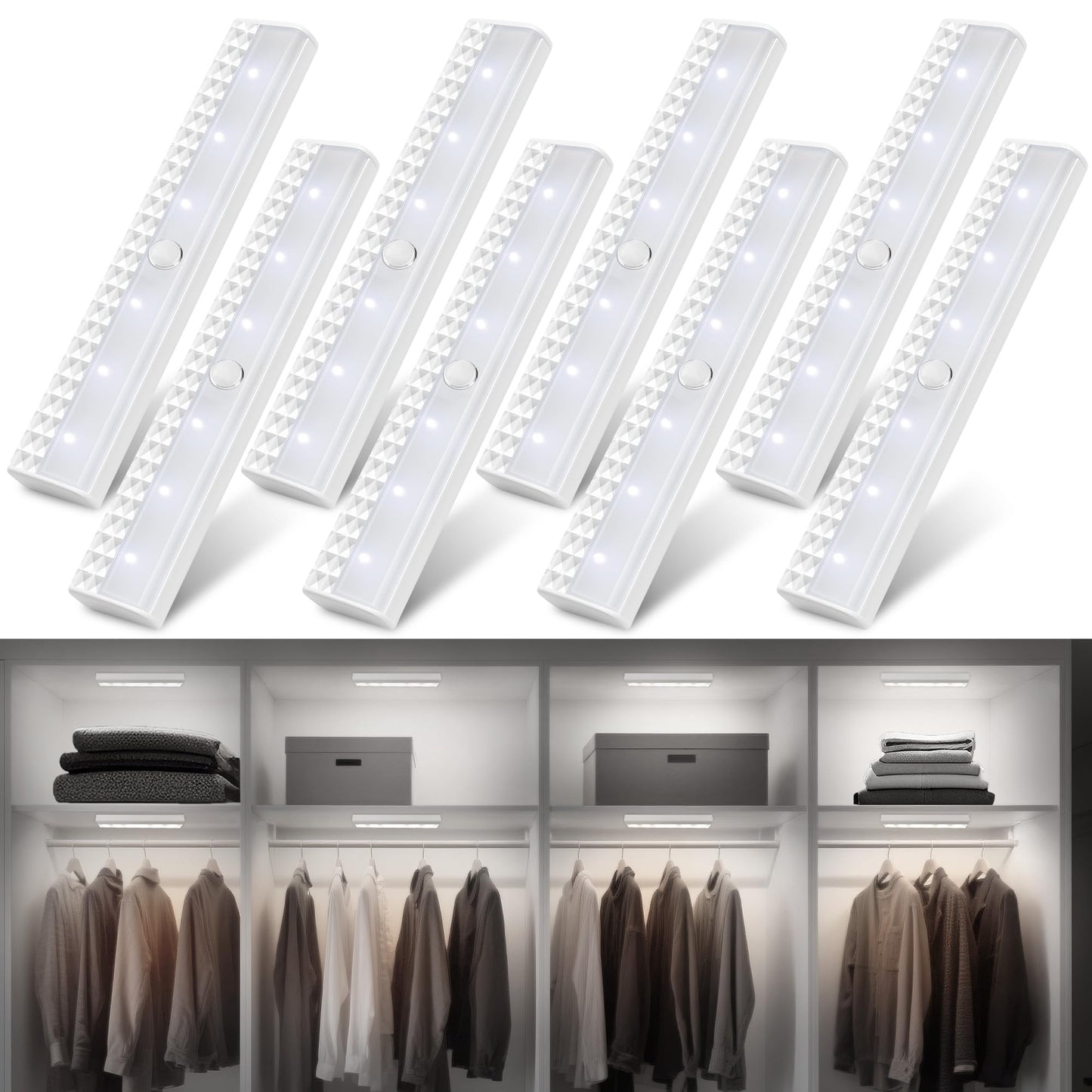 Maylit 8 Pack Motion Sensor Light Indoor  Battery Operated Lights  Wireless Magnetic Night Led Bar  Stick On Lighting For Closet  Stair  Shelf  Hallway  Bed  Pantry  Under Cabinet  6000K Cool White