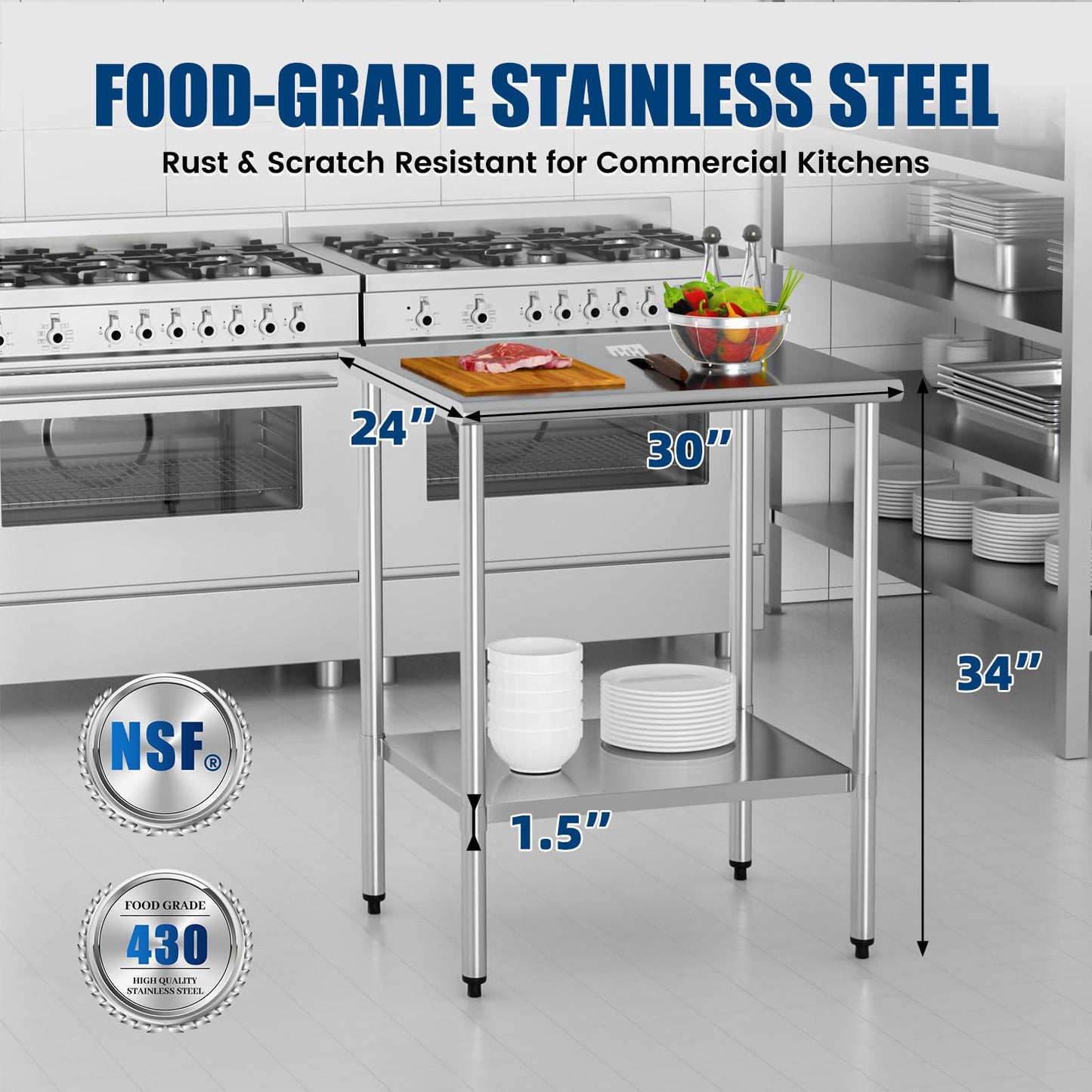 Stainless Steel Work Table 24 x 30 Inch with Adjustable Undershelf, Heavy-Duty Metal Prep Table for Commercial Kitchen & Restaurant, Garage, Outdoor