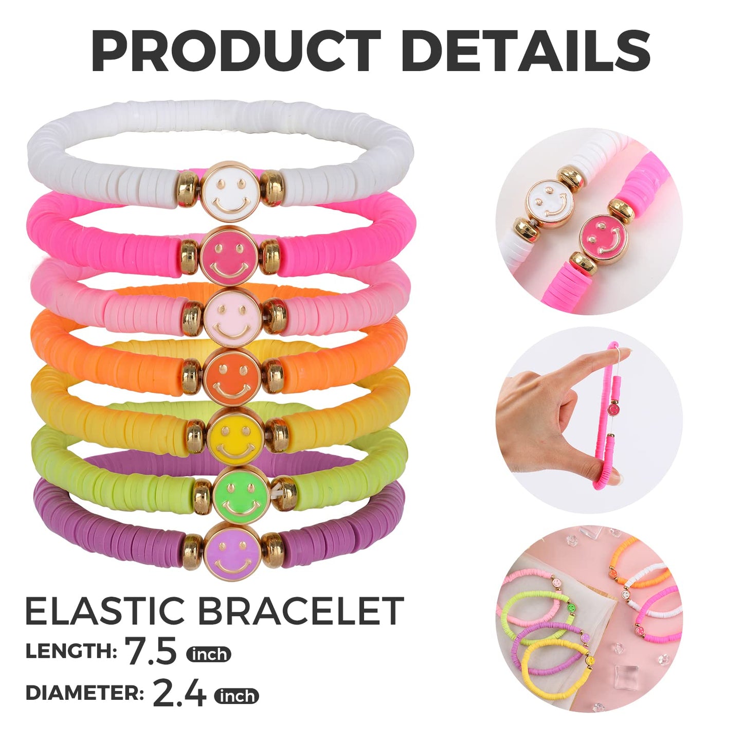 Candy Color Preppy Bracelets for Women Stackable Beaded Bracelets Colorful Smiley Face Friendship Bracelets Stretch Elastic Clay
