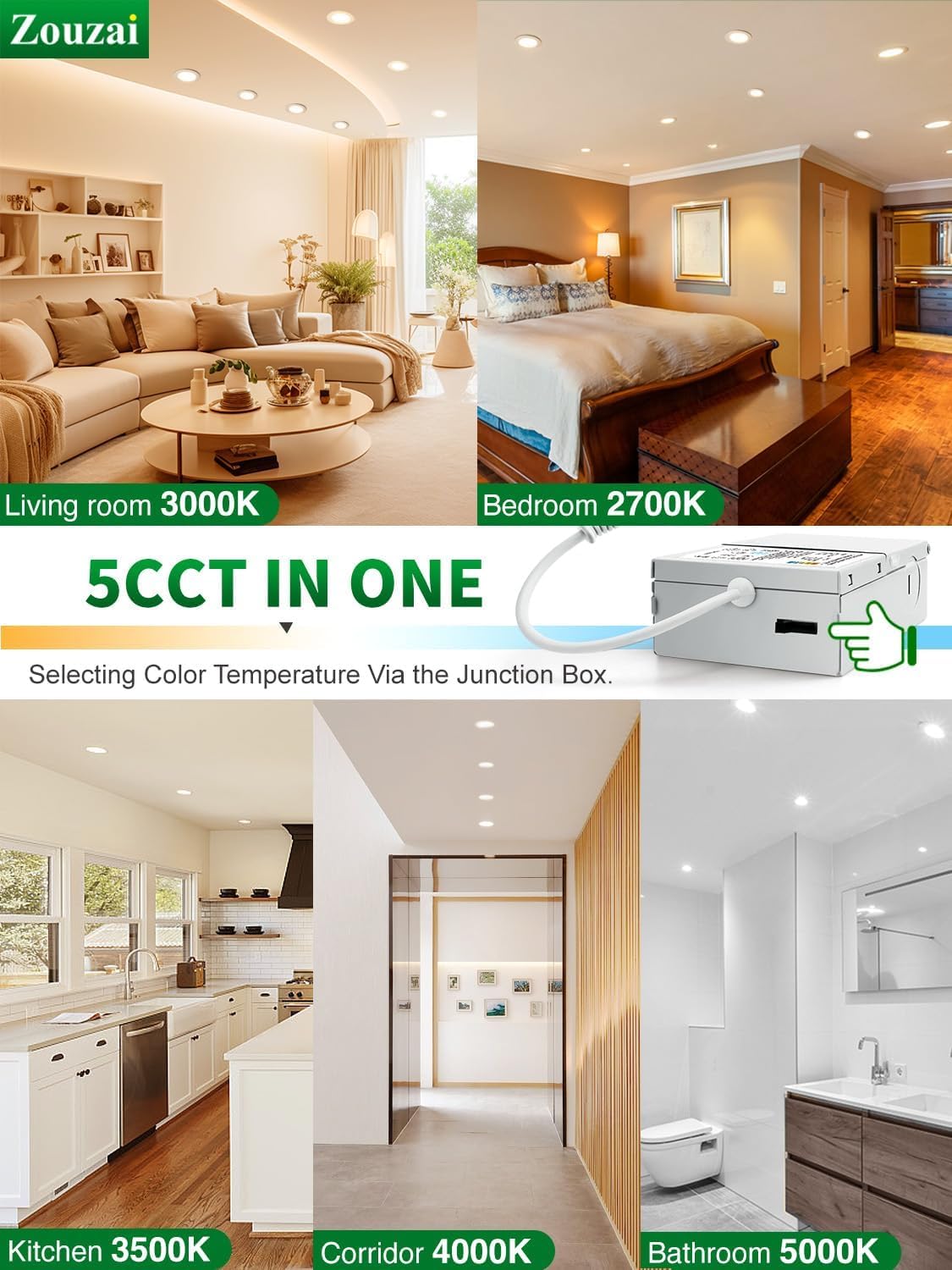 zouzai 6 Inch 5CCT Ultra-Thin LED Recessed Ceiling Light with Junction Box, 2700K/3000K/3500K/4000K/5000K Selectable, 12W Eqv 110W,Dimmable, led can Lights- ETL and Energy Star Certified【 6 Pack 】