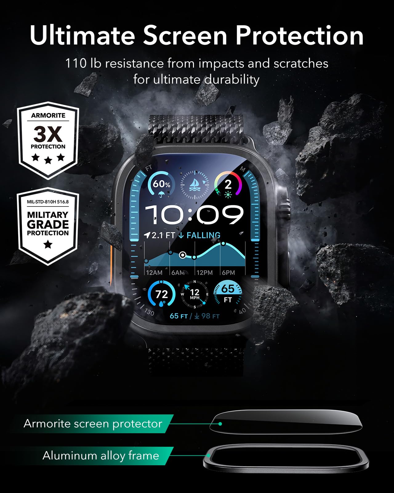 ESR Armorite Screen Protector for Apple Watch Ultra 3 2025 /Ultra 2 /Ultra (49 mm), Military Grade Protection, Tempered Glass Film with Aluminum Alloy Frame, Anti-Scratch, 2 Pack, Black