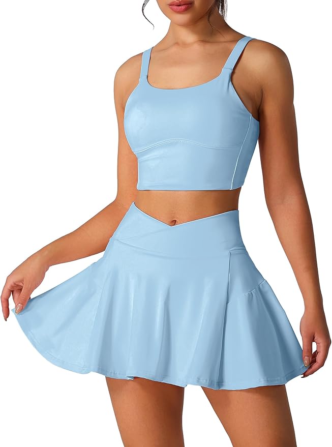 ABEHIK Two Piece Tennis Skirt Sets for Women High Waisted Pleated Skirt Tennis Dress Sports Bra Golf Athletic Workout Outfits