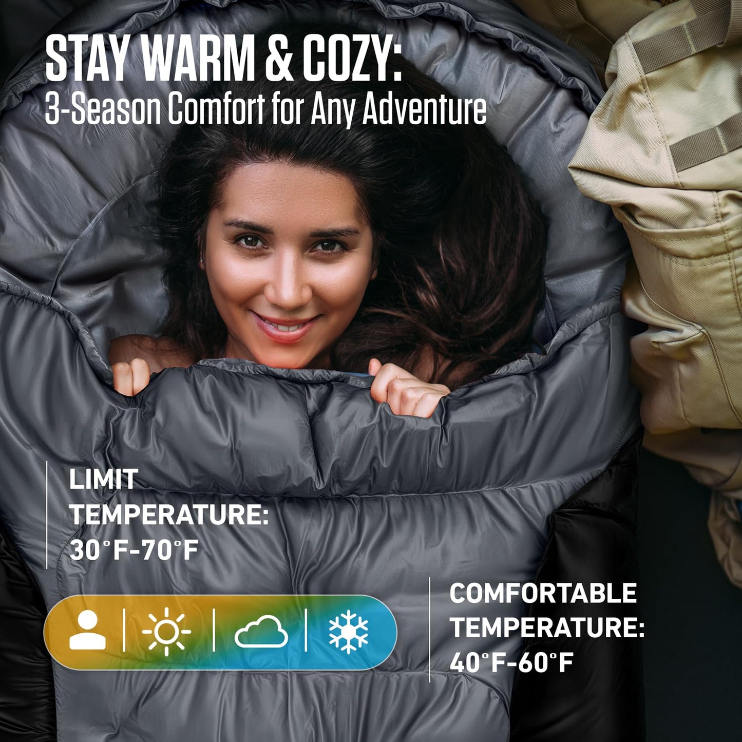 VENTURE 4TH 3-Season XXL Backpacking Sleeping Bag, Camping Sleeping Bags for Adults & Kids - Lightweight, Comfortable, Water Resistant, Ideal for Hiking, Camping & Outdoor – Silver/Gray