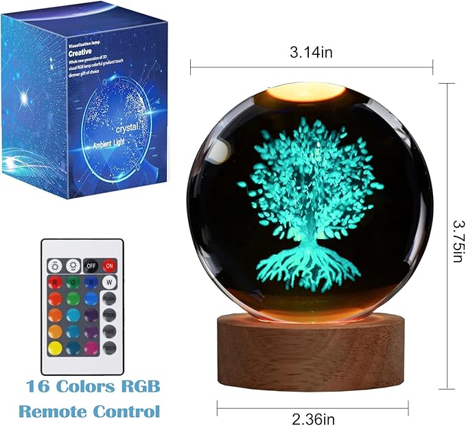 Tree of Life Crystal Night Light, Tree of Life Gifts, K9 3.15 Inch(80mm) Crystal Ball Night Light with 16 Colors Remote Upgraded Lamp for Birthday Xmas Plant Sphere for Room Decor Boys Girls