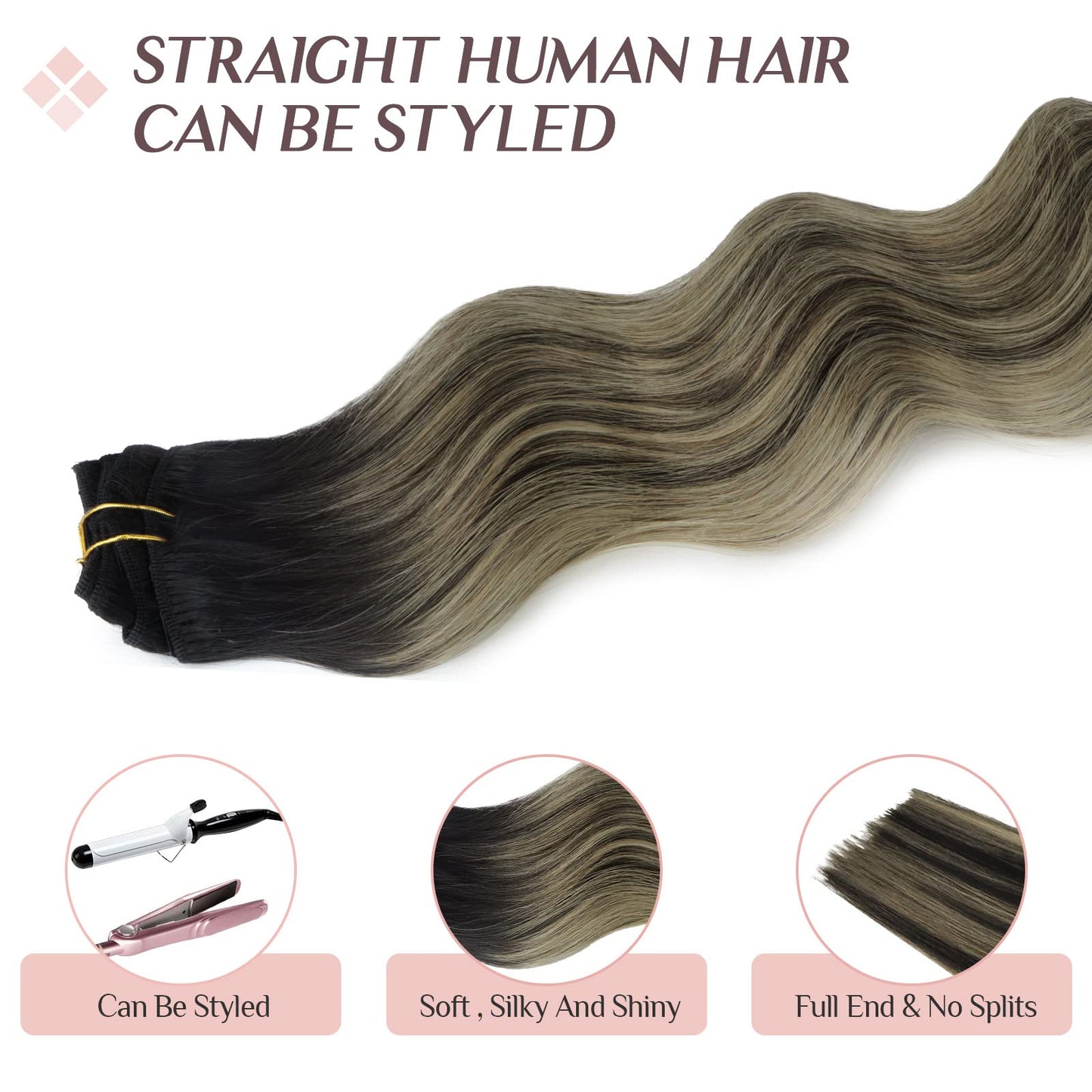 Hair Extensions Real Human Hair, 22 Inch 120g 7pcs, Balayage Natural Black to Light Blonde, MAXITA Clip in Hair Extensions Remy
