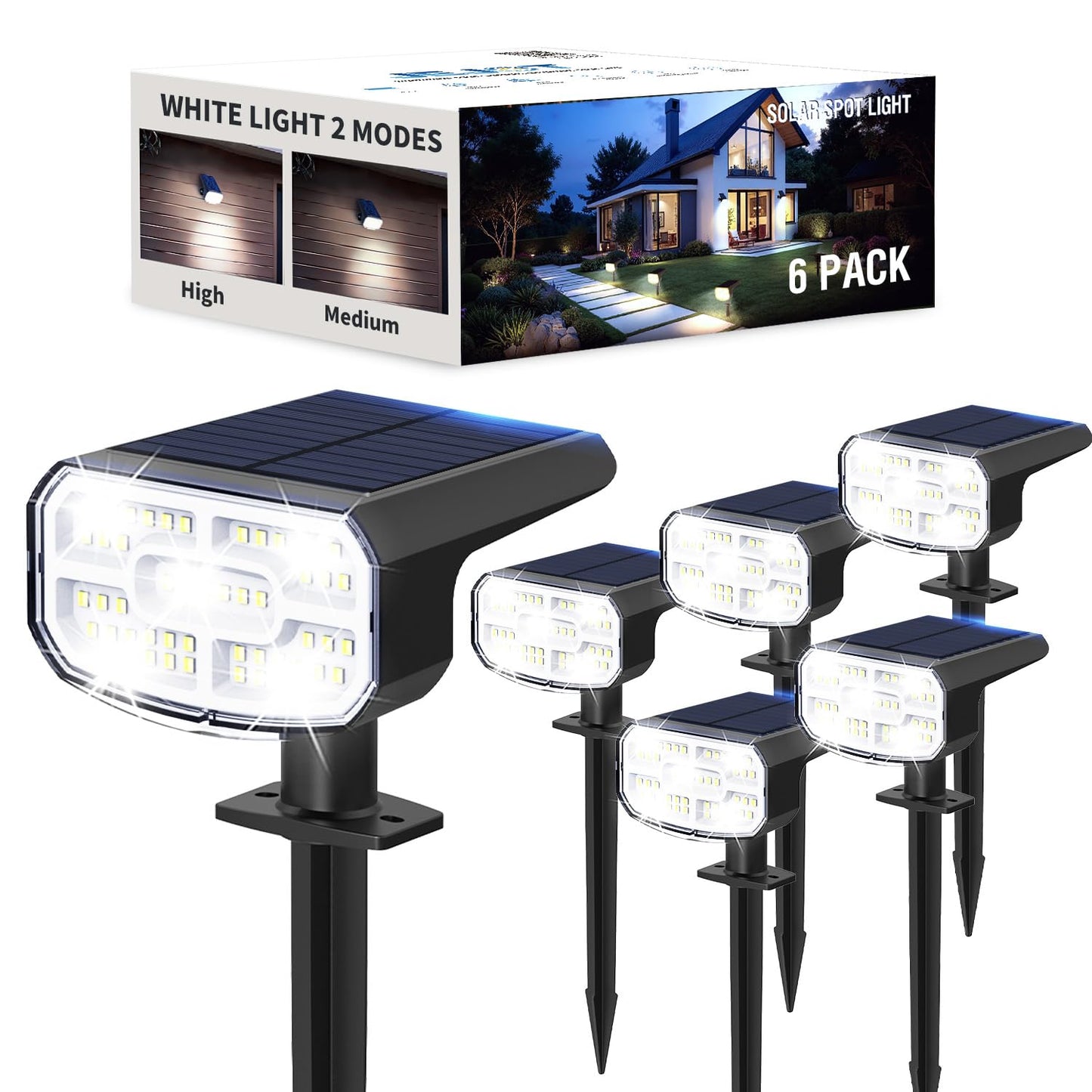 Jejot Solar Lights Outdoor Waterproof Ip65  Super Bright Led  6500K 2 Lighting Modes  Solar Powered Yard Garden Solar Spot Lights For Outside Landscape Auto On/Off -6500K 6 Pack