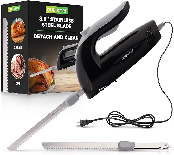 NutriChef Upgraded Premium Electric Knife - 8.9" Carving Knife, Serrated Blades, Lightweight, Ergonomic Design Easy Grip, Easy Blade Removal, Great For Thanksgiving, Meat & Cheese, Black - PKELKN8