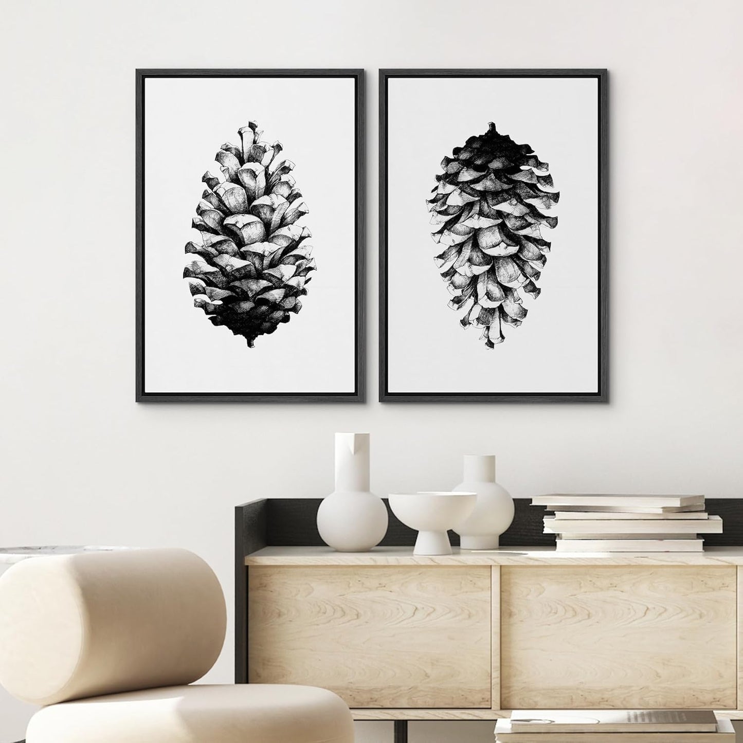 SIGNWIN Framed Canvas Print Wall Art Set Black & White Forest Woodland Pinecone Nature Wilderness Illustrations Modern Art Relax/Calm for Living Room, Bedroom, Office - 24"x36"x2 Black