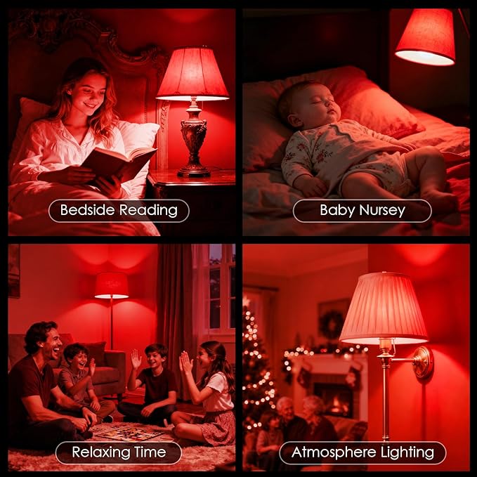TJOY Red Light Bulbs for Sleep Dimmable, 642nm Red Led Bulb for Melatonin Promoting, 100% Blue Light Blocking, A19 60W Equivalent, 9W E26 Dim Night Light for Bedroom Baby Nursery, 4 Pack