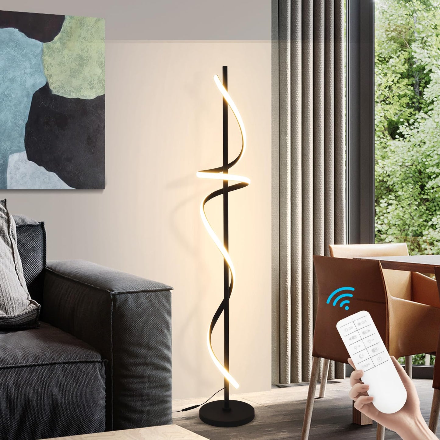 EIDISUNY Modern Spiral Floor Lamp, 48W LED, Dimmable, 60in Tall, Black, Model FL-YLC002BK