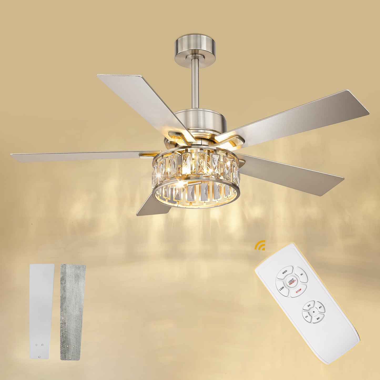 AUTELO Ceiling Fans with Lights - 52 Inch Ceiling Fans with Lights and Remote Control, Modern Crystal Ceiling Fan with 5 Reversi