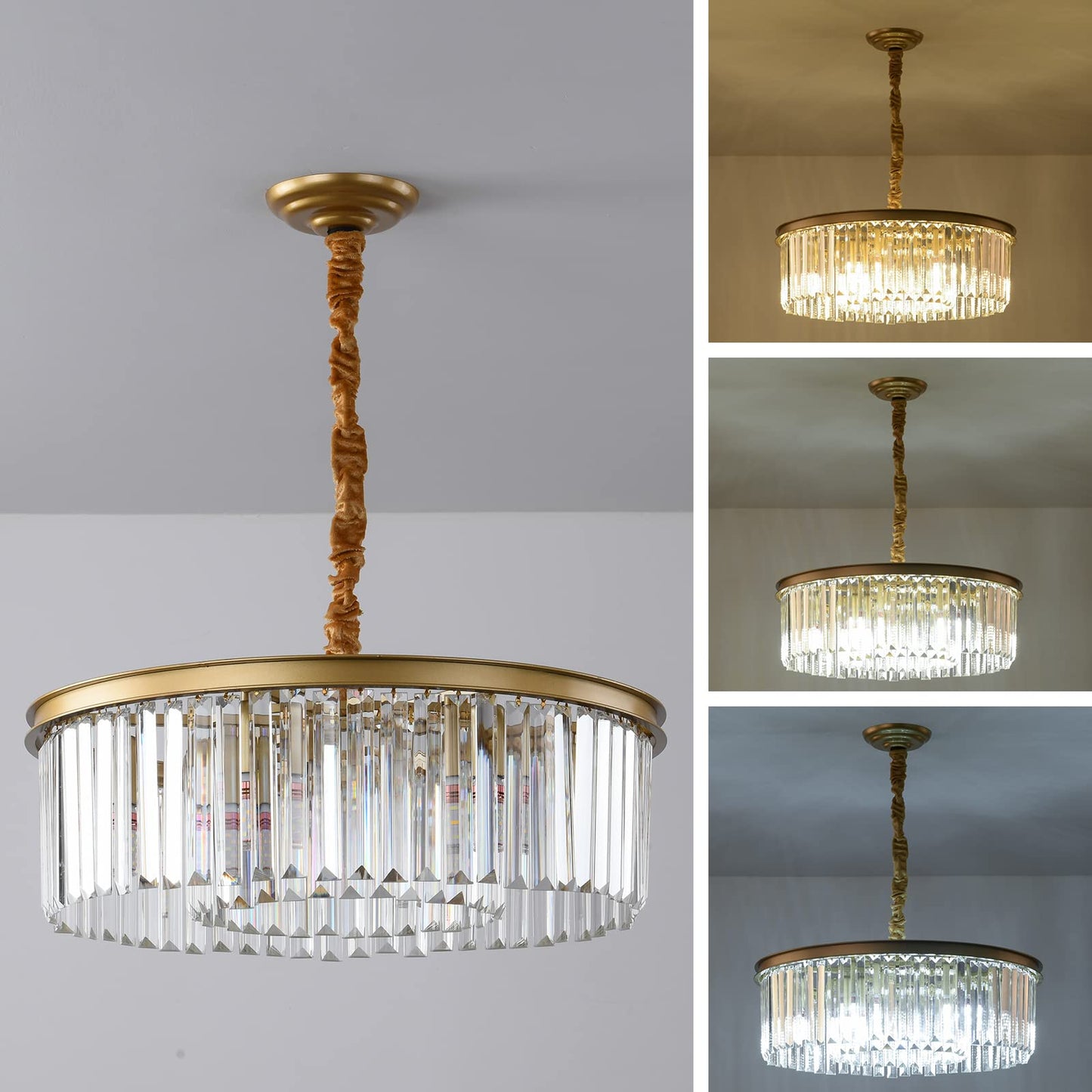 Laiuetai Gold Modern Crystal Chandelier  2-Tier Round Flush Mount Ceiling Light Fixtures Height Adjustable Pendant Lighting For Dining Room Living Room Bedroom Kitchen Hotel Foyer