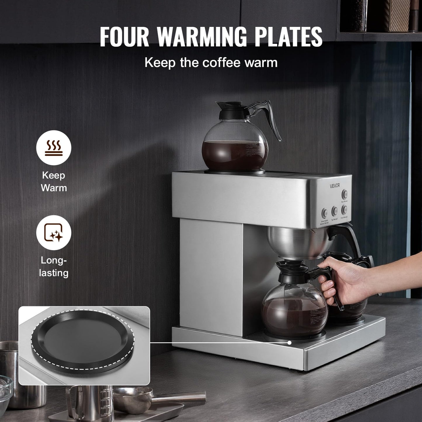 VEVOR Commercial Drip Coffee Maker, 12 Cups Coffee-Maker Machine with 4 Glass Carafes and 4 Decanter Warmer Plates, Stainless Steel Drip Style Coffee Brewer, for Restaurant, Office, Coffee Shop & Home