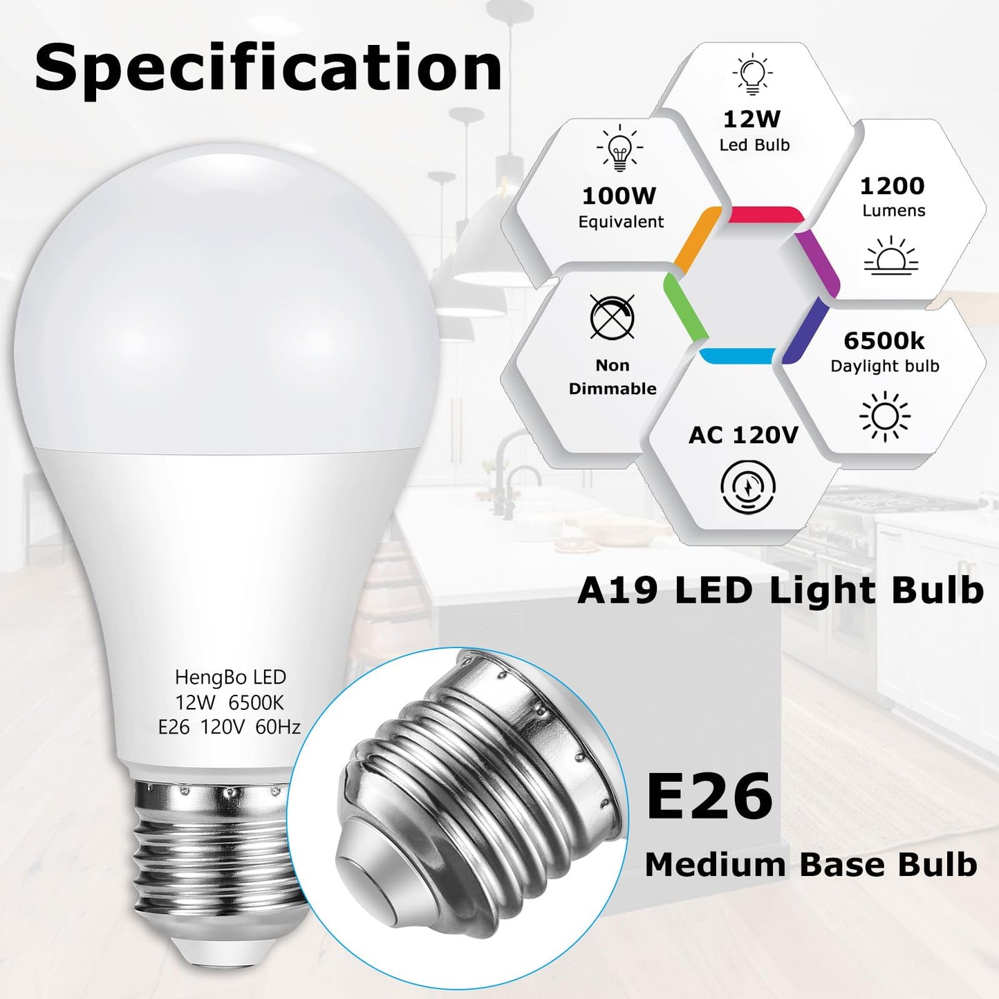 HengBo LED Light Bulbs 100 Watt Equivalent 12W Non-Dimmable E26/E27 6500K Daylight Pack of 4