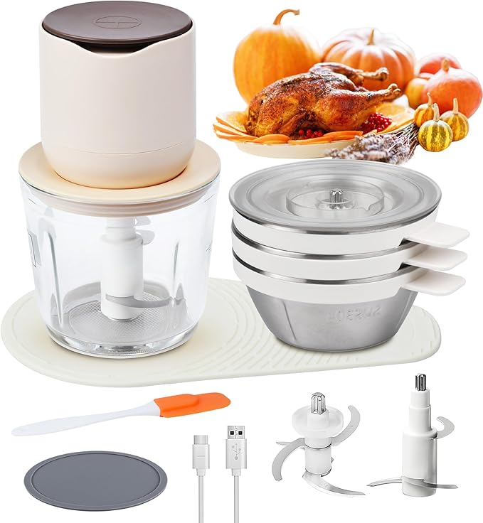 4-in-1 Small Food Processor Cordless Set with 600ml Glass Bowl, 3*240ml Stainless Steel Bowls and 3+4 Blades, USB-C Rechargeable Battery Mini Meat Vegetable Chopper, Electric Kitchen Blender Wireless