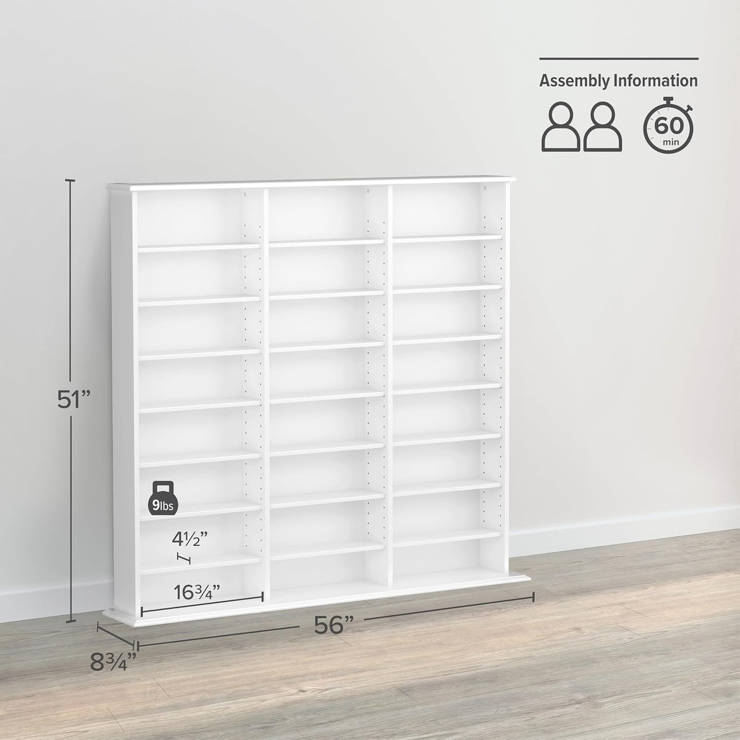 Prepac 3 Column 51" Tall White Display Multimedia Cabinet, Wood Media Storage with Removable Sheves, Modern Multimedia Storage Unit with 21 Adjustable Shelves for Books, DVDs and Collectibles, White