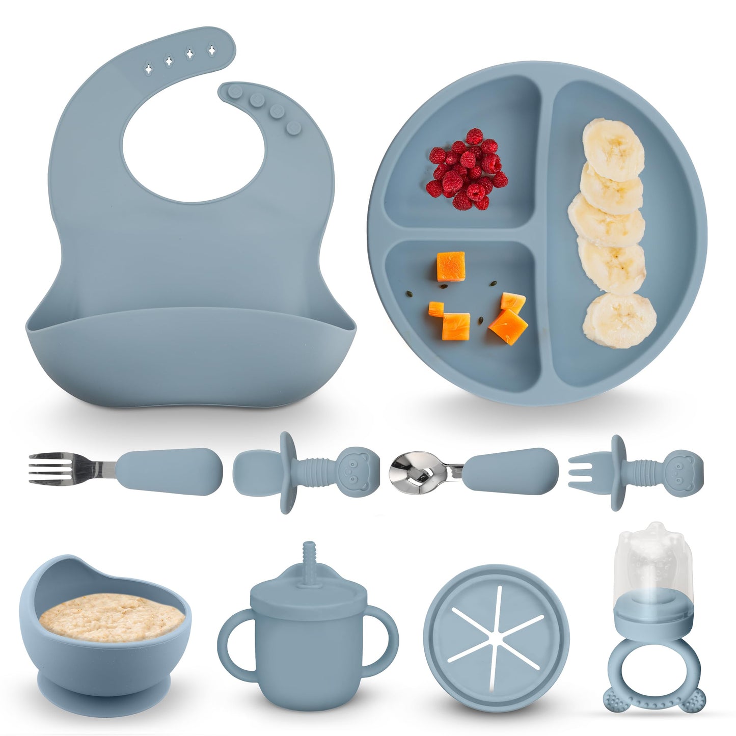 SimplisticStuff BPA-Free Silicone Baby Feeding Set: Includes Suction Plate, Bowl, Sippy Cup w Lid, Fruit Feeder & Teether, Sensory Bump Utensils, Steel Spoon and Fork, Blue