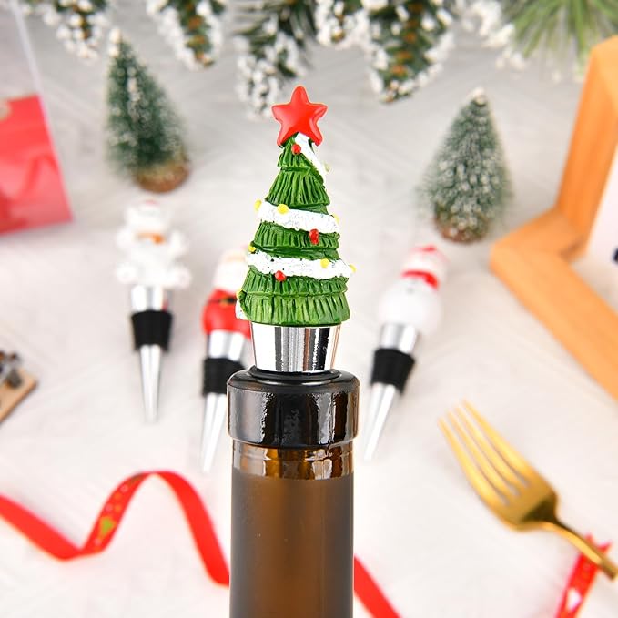 Set of 4 Resin Wine Bottle Stoppers for Christmas Holiday Decoration, Handmade Wine Stoppers for Xmas, Wine Gift for Hostess Cute Wine and Beverage Corker Bottle Sealers