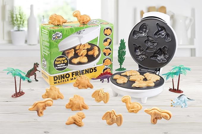 Dinosaur Mini Waffle Maker- 5 Different Double Sided 3D Shaped Dinos in Minutes- Breakfast Fun for Kids Adults w Cool Novelty Pancakes, Electric Baker, NonStick Waffler Iron w Recipe Guide, Xmas Gift