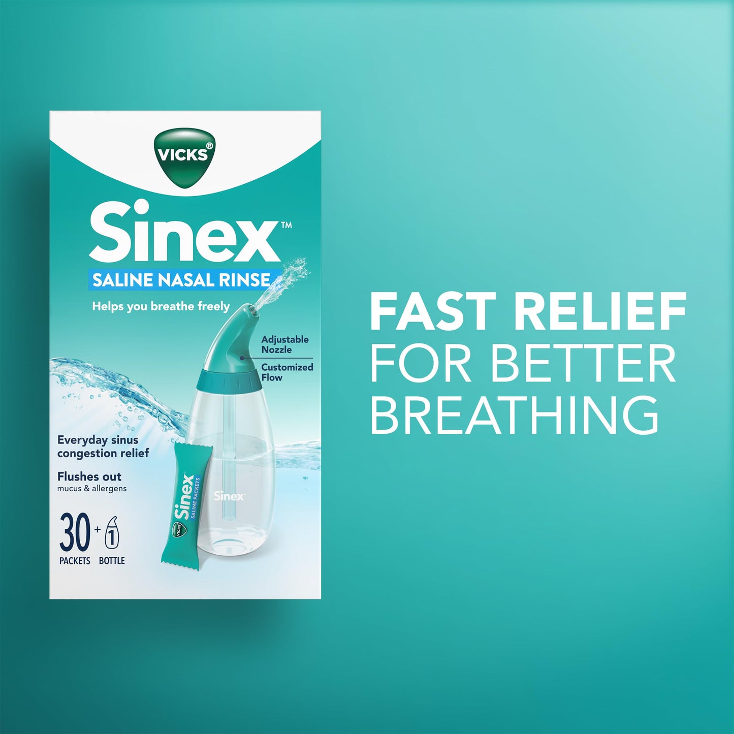 Vicks Sinex Saline Nasal Rinse Starter Kit, Drug Free Saline, Flush Out Mucus and Allergens, Fast & Effective Relief for Everyday Congestion from Sinus & Allergy, 1 Bottle + 30 Refill Packets