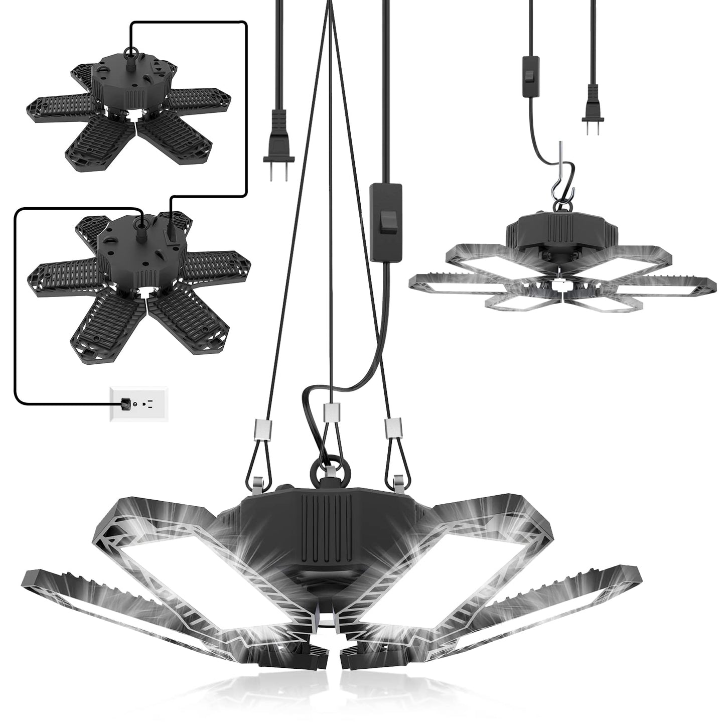 Seobiog 2 Pack Garage Light, 200W 20000Lm Led Ceiling Lights, 6500K, Deformable Panels, Black