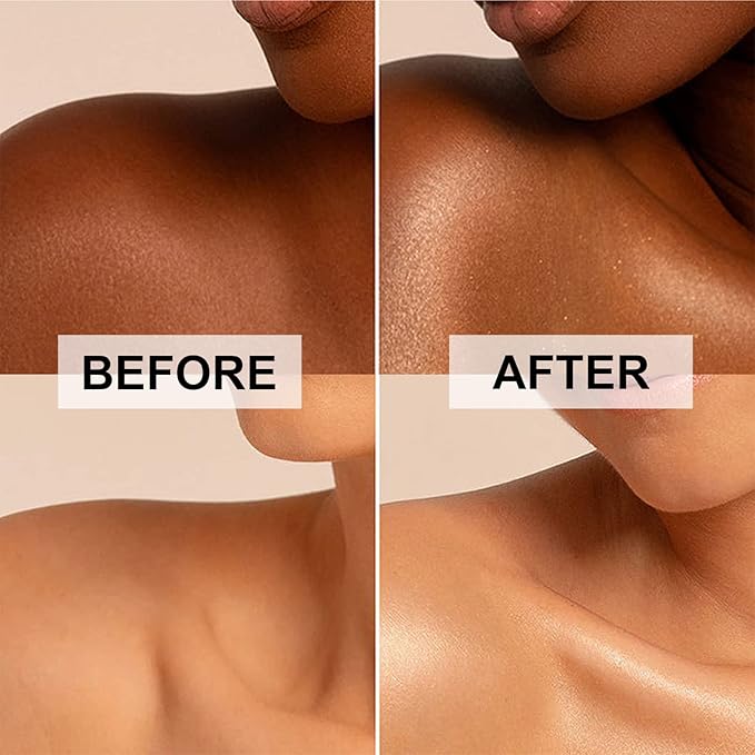 Body Shimmer Oil, Metallic Gold Natural Glow Luminizer, Long Lasting Waterproof Moisturizing Liquid Illuminator Highlighter Makeup for a Sun-Kissed Glow, Brush Include, 1oz, Light