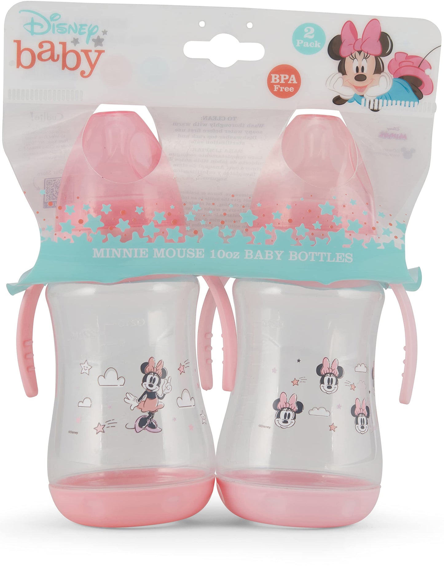 Disney 2 Pack 10 Ounce Baby Bottles with Character Prints and Colored Covers with Double Handle - BPA Free and Easy to Clean