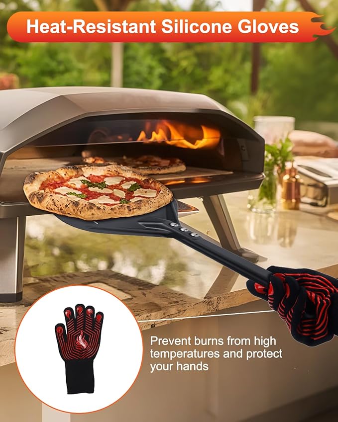6PCS Pizza Turning Peel, 9 &12 Inch Perforated Pizza Peel, Pizza Brush, Ash Rake, Bubble Spinner Turning Fork, Heat-Resistant Oven Mitts, Pizza Oven Utensil Kit with 40 Inch Aluminum Handle