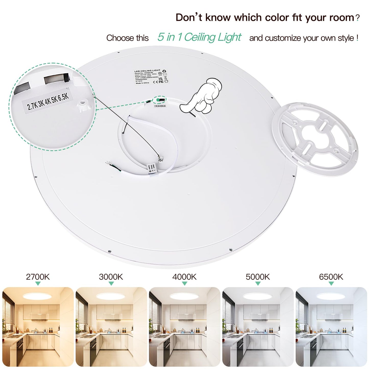 Brightever Flush Mount Ceiling Light 36W Dimmable 19 Inch 2700K-6500K Selectable Plastic 5CCT-White Model XD420-06