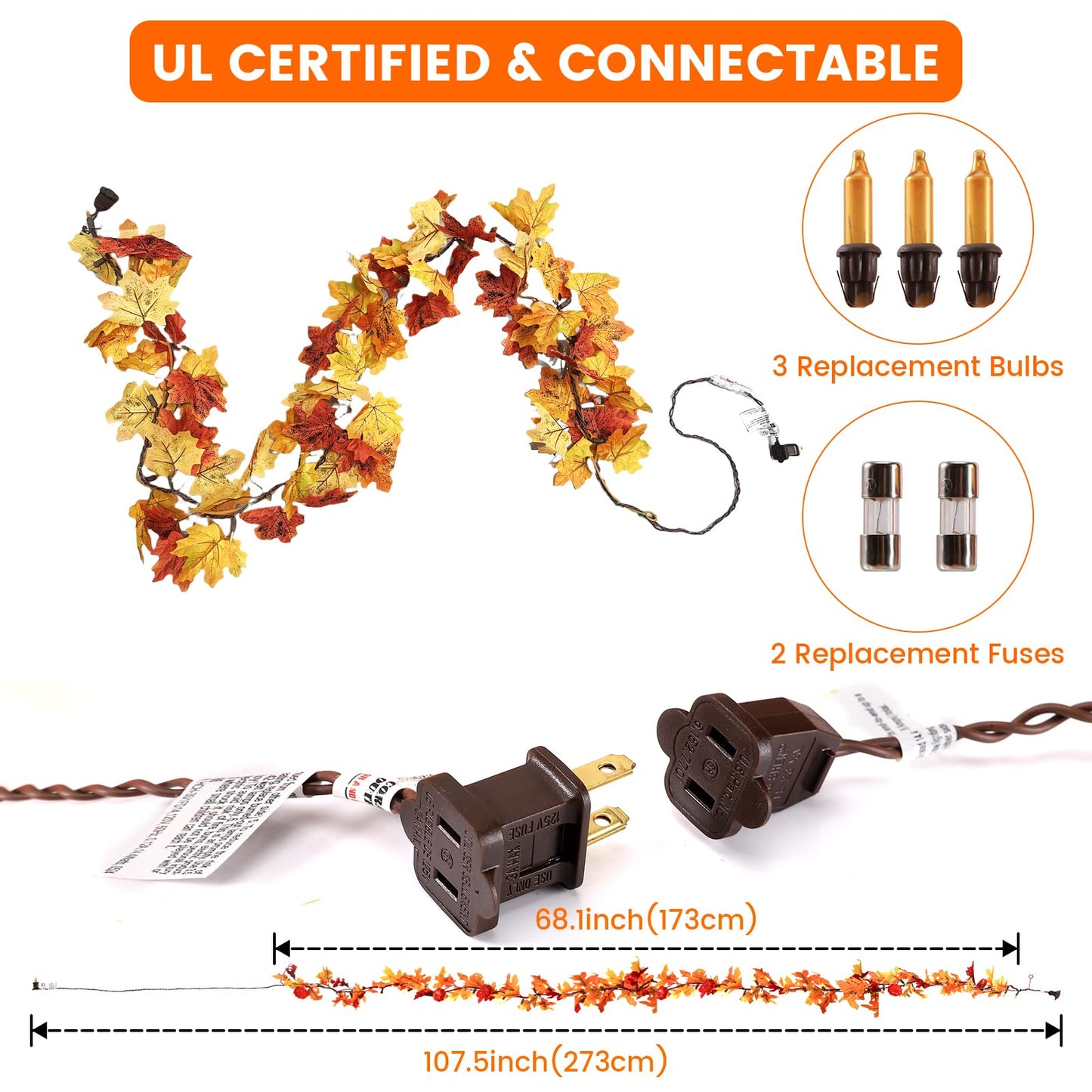 Fall Leaf Garland With Lights Plug In  35 Orange Bulbs Light Up Fall Leaves Garland  Fall Decor Fall Decorations For Home Table Thanksgiving Mantel Fireplace Porch Halloween Autumn Decor(1Pack)